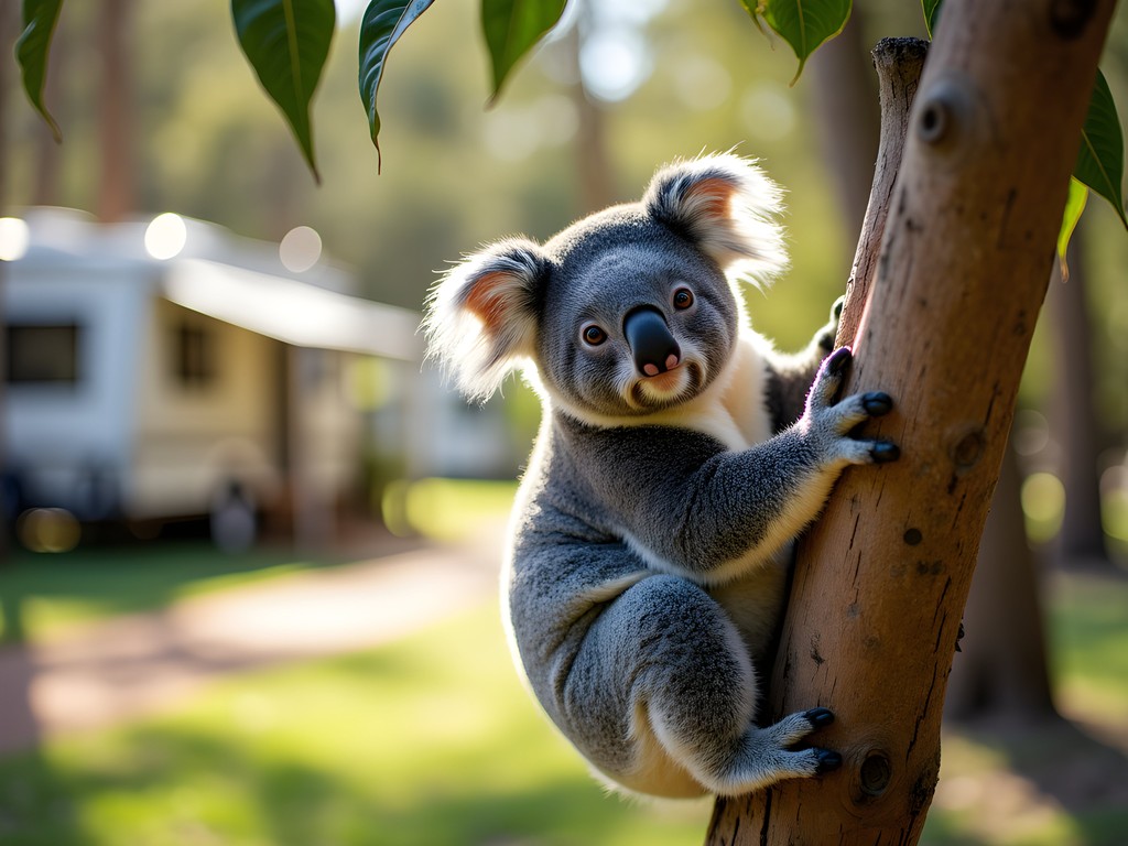 Wild koala near camping accommodations at Kennett River Holiday Park