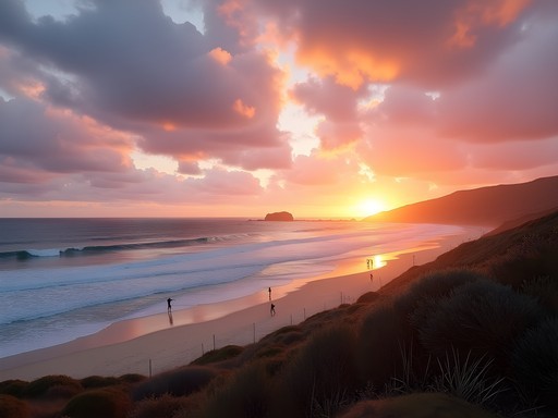 Sunrise over Torquay Beach with surfers in the distance