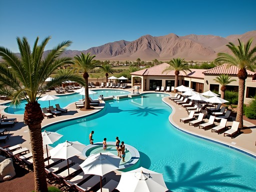 CasaBlanca Resort pool area with palm trees and mountain views in Mesquite