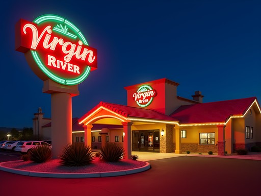 Night view of Virgin River Hotel & Casino with neon signage in Mesquite, Nevada
