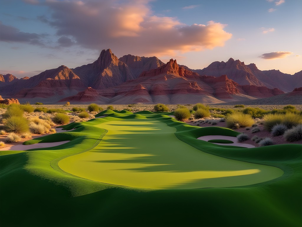 Dramatic desert golf course in Mesquite, Nevada with red rock mountains and green fairways