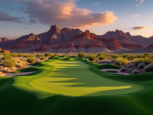 Dramatic desert golf course in Mesquite, Nevada with red rock mountains and green fairways