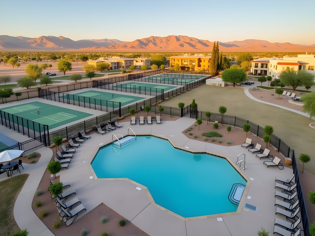 The Backyard recreational area at Rising Star Sports Ranch with pool, sports courts, and mountain views