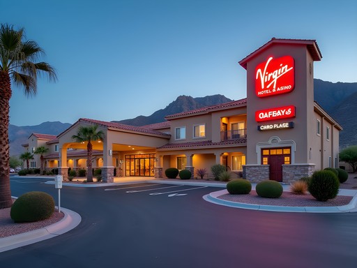 Exterior view of Virgin River Hotel & Casino with desert mountains in background, Mesquite, Nevada