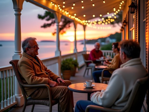 Family enjoying evening on Mackinac Island porch with sweaters and blankets