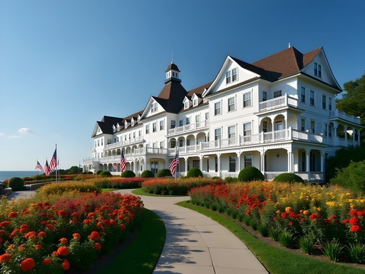 The iconic white facade and colorful gardens of the Grand Hotel on Mackinac Island