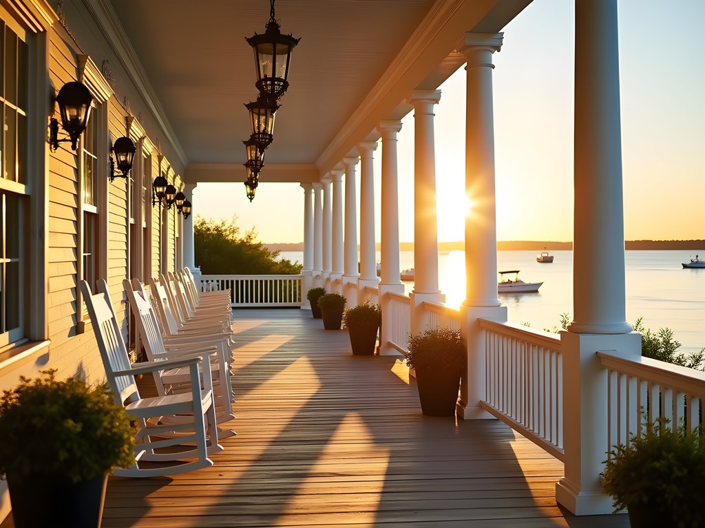 Front porch with rocking chairs overlooking harbor at Island House Hotel, Mackinac Island