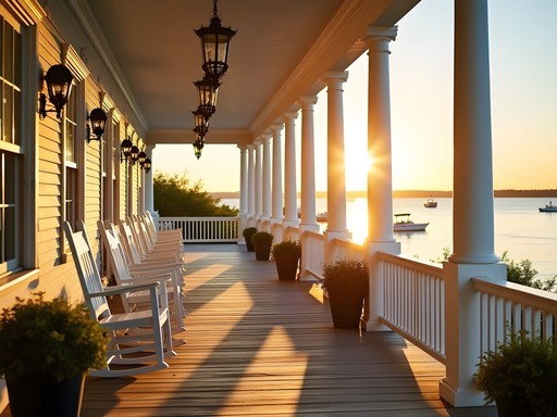 Front porch with rocking chairs overlooking harbor at Island House Hotel, Mackinac Island