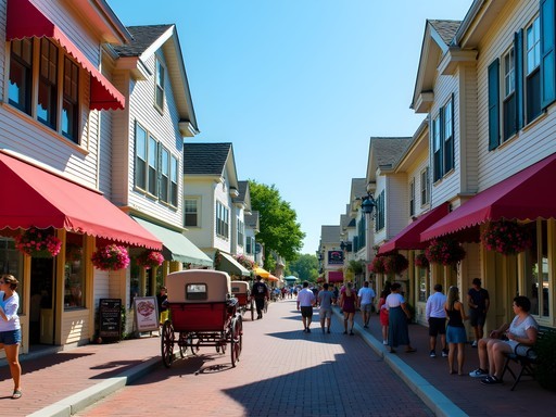 Charming Main Street shops and fudge stores on Mackinac Island with horse-drawn carriages