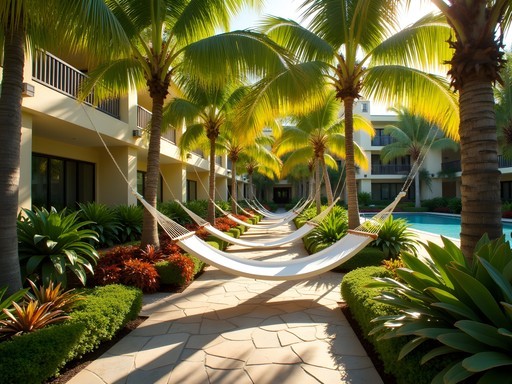 Lush tropical gardens with hammocks at The Palms Hotel Miami