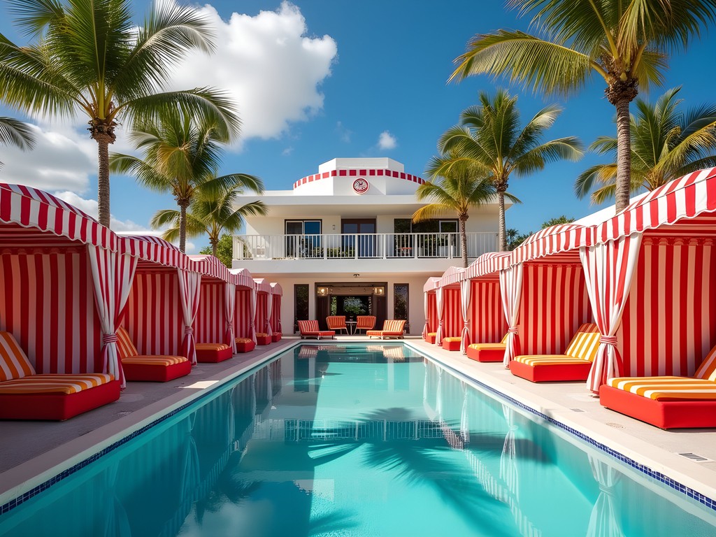 Colorful striped cabanas surrounding the pool at The Confidante Miami Beach