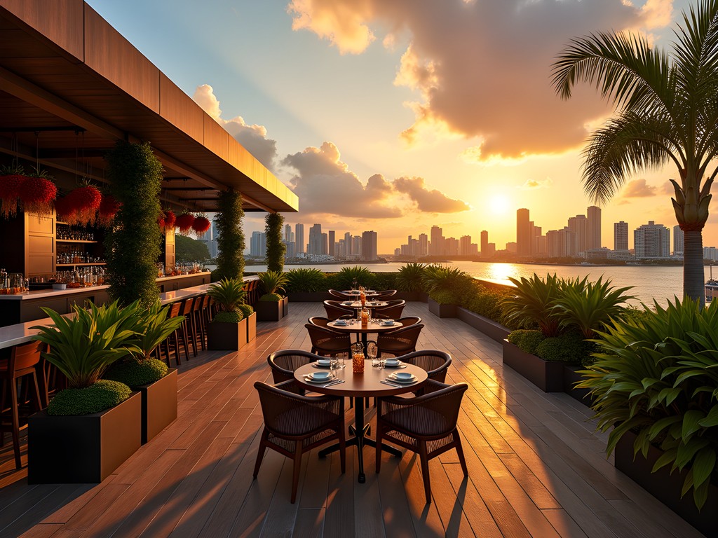 Stunning sunset view from Sugar rooftop bar at EAST Miami with city skyline