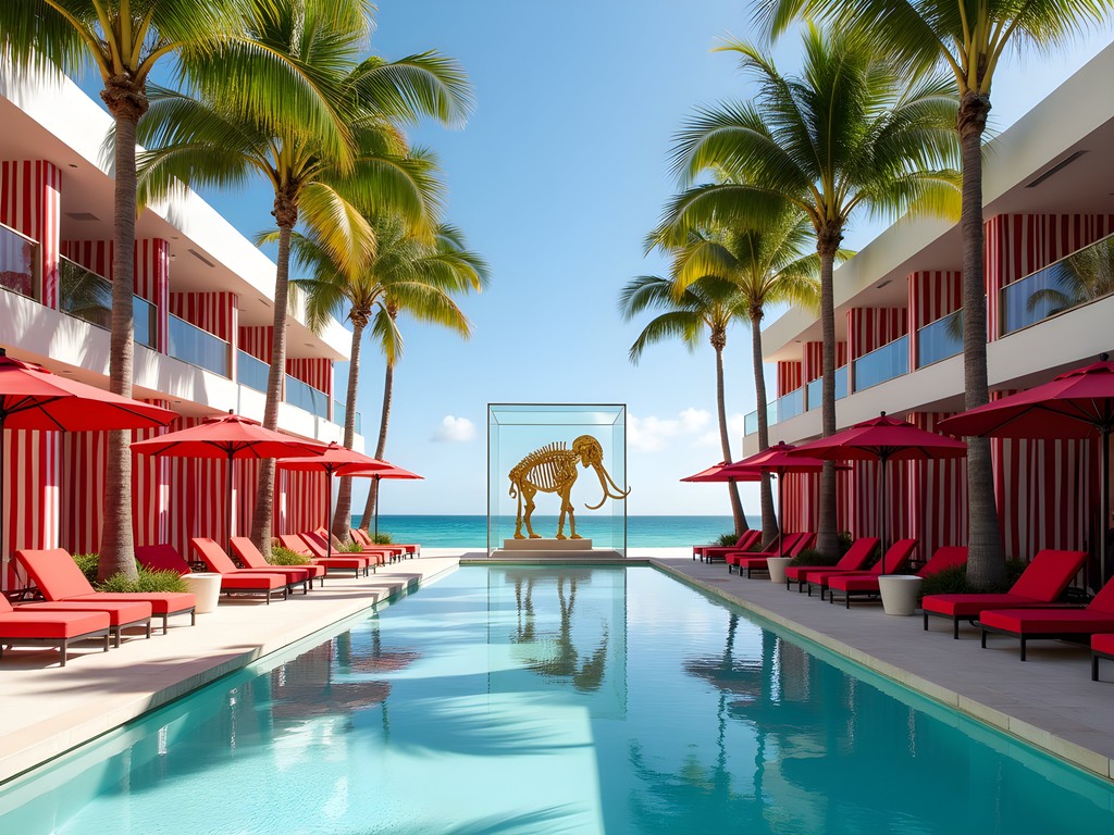 Luxury red and white striped cabanas by the pool at Faena Miami with golden mammoth sculpture
