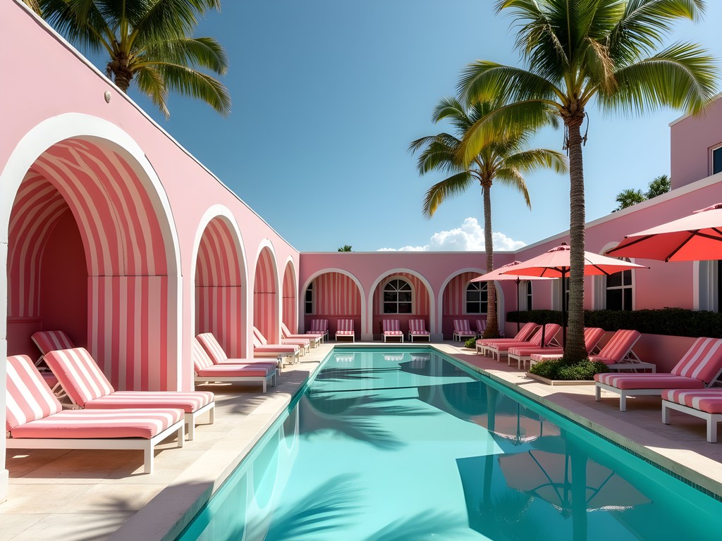 Stylish pink and white striped pool cabanas at The Goodtime Hotel in Miami