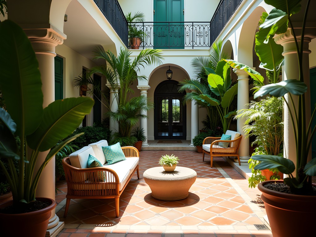 Lush tropical courtyard with vintage tiles and rattan furniture at Life House South of Fifth Miami