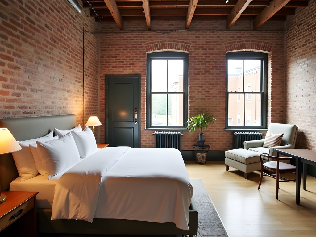 Boutique hotel room with exposed brick walls and modern furnishings in Middletown, Delaware