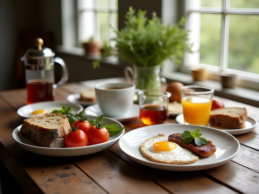 Gourmet breakfast spread with fresh herbs and local ingredients at The Gardener's Cottage in Middletown, Delaware