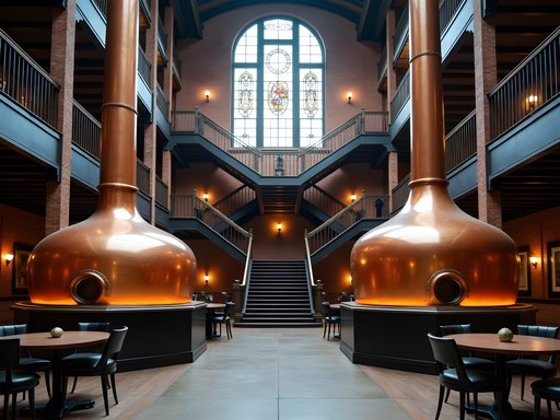 Historic copper brewing kettles preserved in the atrium of The Brewhouse Inn & Suites in Milwaukee