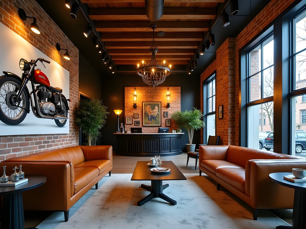 Industrial chic lobby of The Iron Horse Hotel in Milwaukee featuring exposed brick, leather furniture and motorcycle-inspired decor
