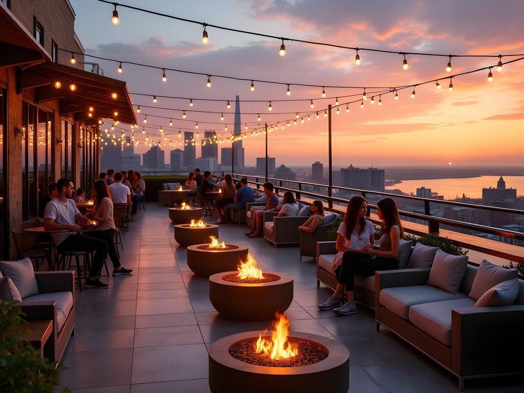 Rooftop bar at The Kimpton Journeyman hotel in Milwaukee at sunset with city views
