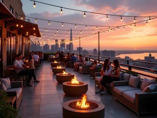 Rooftop bar at The Kimpton Journeyman hotel in Milwaukee at sunset with city views