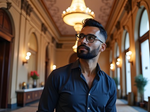 African American researcher examining architectural details in historic Hotel Birks lobby
