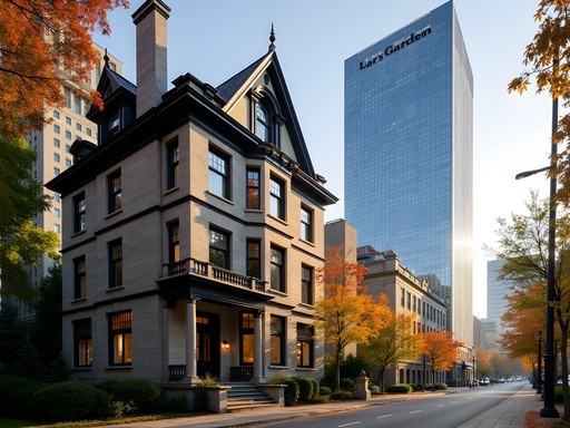 Historic stone mansion next to modern skyscraper in Montreal's Golden Square Mile district