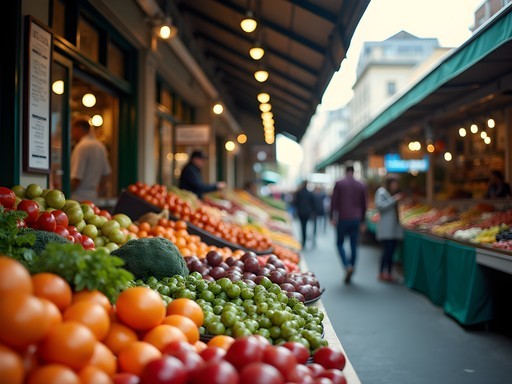 Colorful produce stands at Jean-Talon Market in Montreal with shoppers selecting fresh vegetables