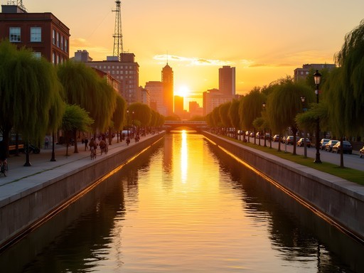 Sunset view of Lachine Canal in Montreal with cyclists and pedestrians on the waterfront path
