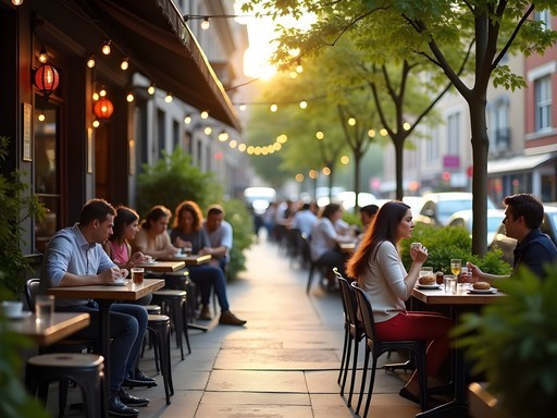 Busy café terrace in Mile End neighborhood with locals enjoying coffee and bagels