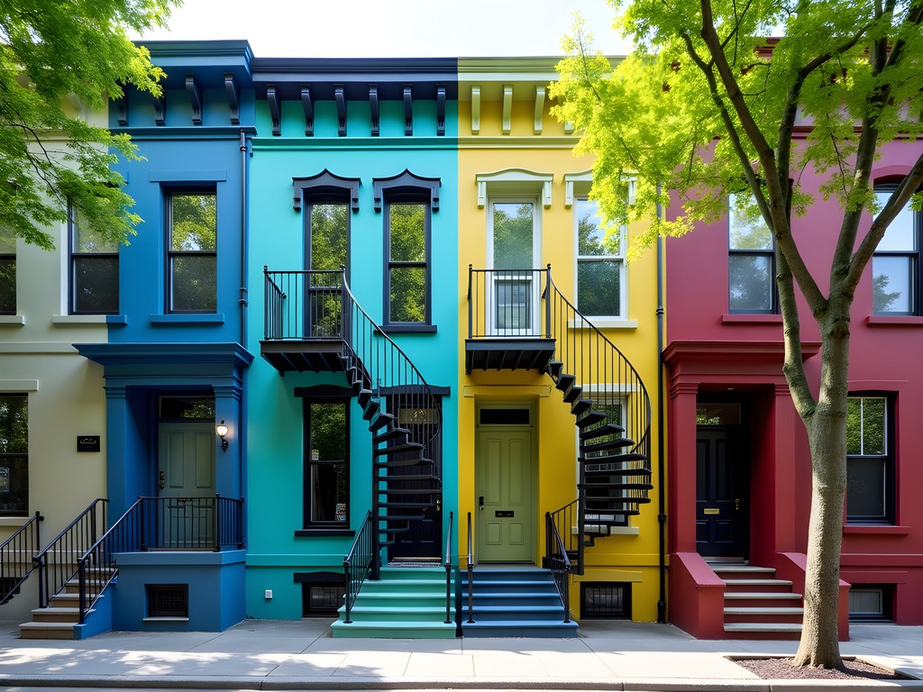 Colorful row houses with spiral staircases in Le Plateau neighborhood of Montreal