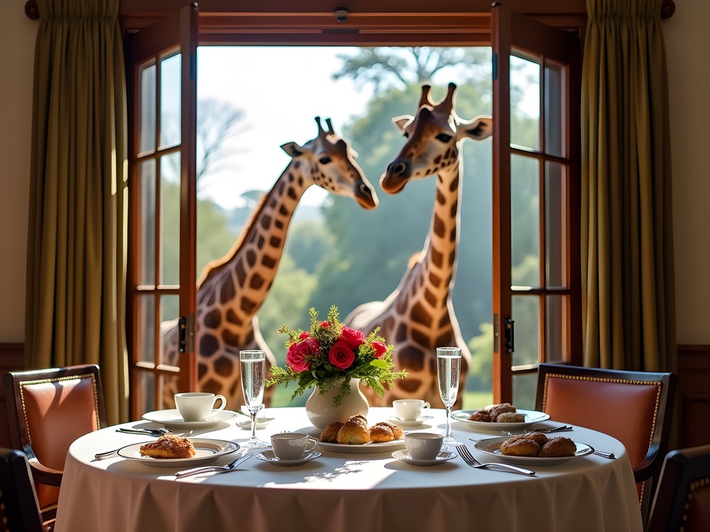 Elegant breakfast table at Giraffe Manor with giraffes poking their heads through windows
