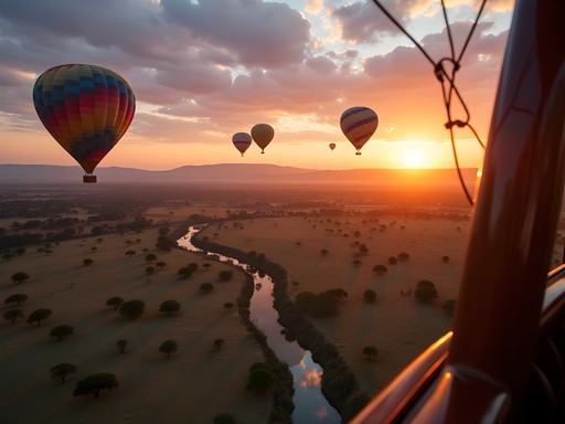 Hot air balloons floating over Maasai Mara savanna at sunrise with wildlife below