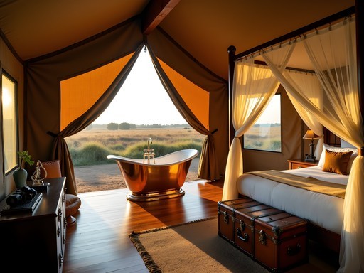 Luxurious safari tent interior at Mara Plains Camp with copper bathtub and panoramic views