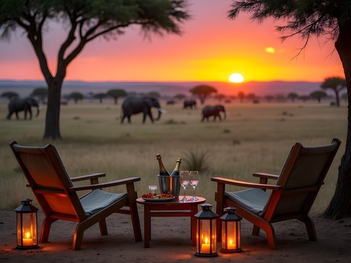 Luxury mobile safari camp sundowner setup with lanterns and Maasai Mara sunset