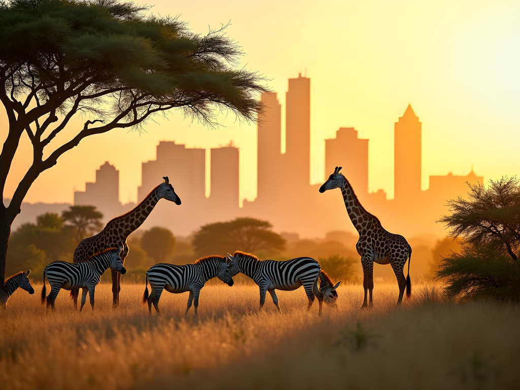 Giraffes and zebras grazing in Nairobi National Park with city skyline visible in background