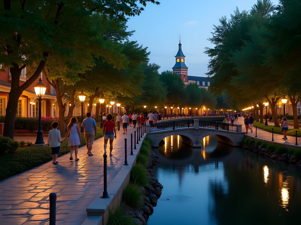 Families enjoying evening stroll along illuminated Naperville Riverwalk