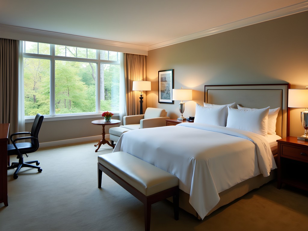 Luxurious executive suite at Crowne Plaza Nashua with floor-to-ceiling windows overlooking woodlands