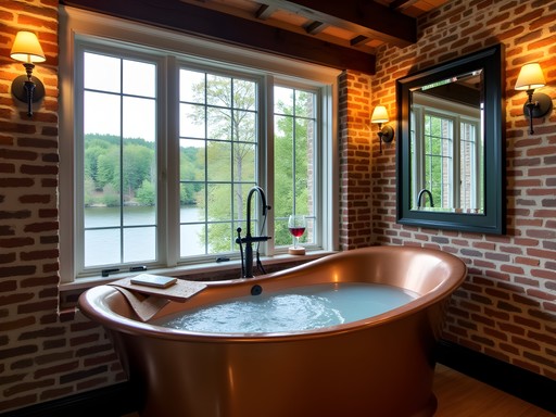 Copper soaking tub overlooking Nashua River in the Riverfront Suite