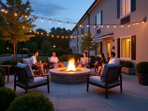 Evening at the Residence Inn Nashua courtyard with fire pit and comfortable seating