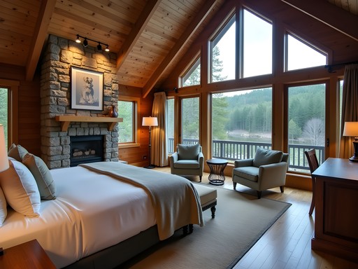 Luxury cabin interior at Timberlane Lodge with panoramic river views