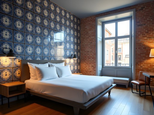 Stylish bedroom at The Alfama Loft featuring Portuguese tiles and Brooklyn-inspired industrial design elements