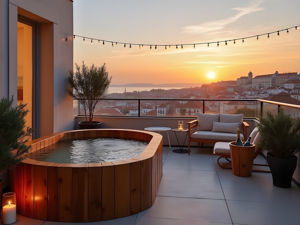Private rooftop terrace of The Chiado Penthouse suite with cedar soaking tub and panoramic view of Lisbon at sunset