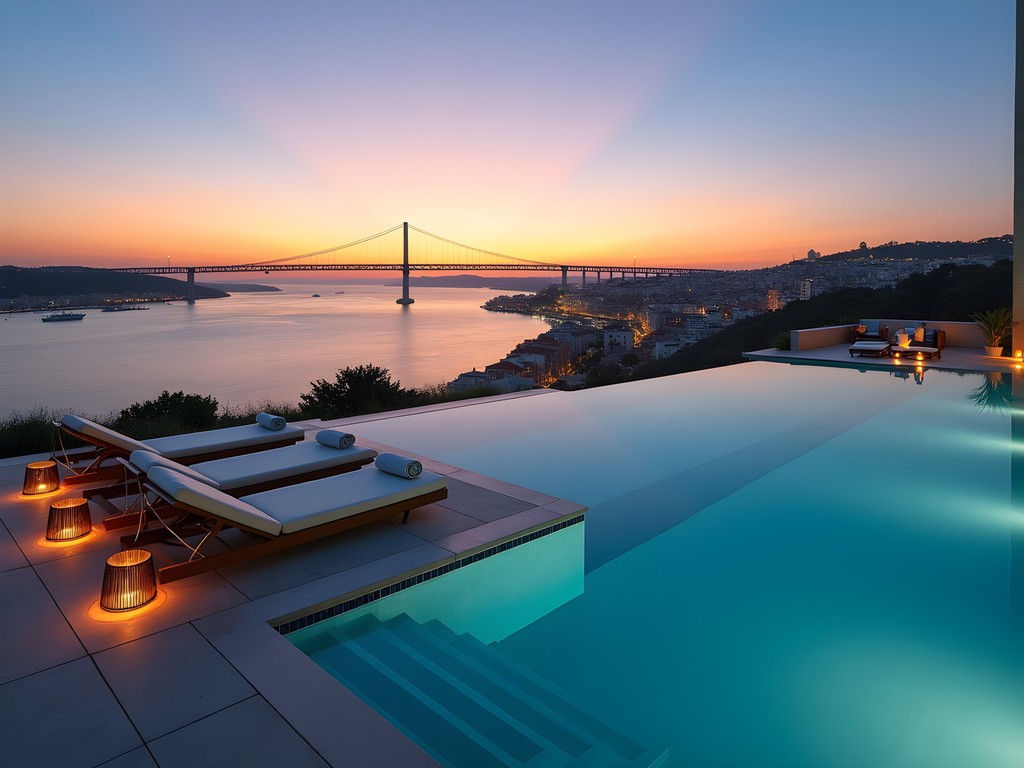Infinity pool at The Riverside Collective hotel overlooking Lisbon's Tagus River at sunset