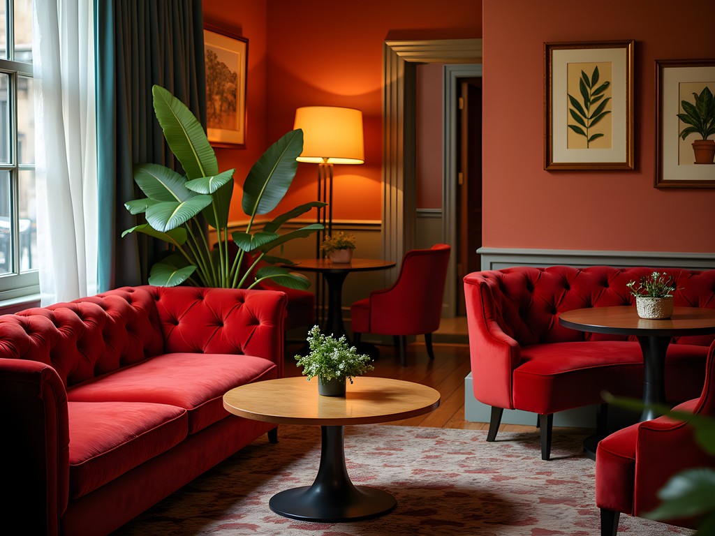 Elegant lounge area in a NYC boutique hotel with plush seating and artistic decor