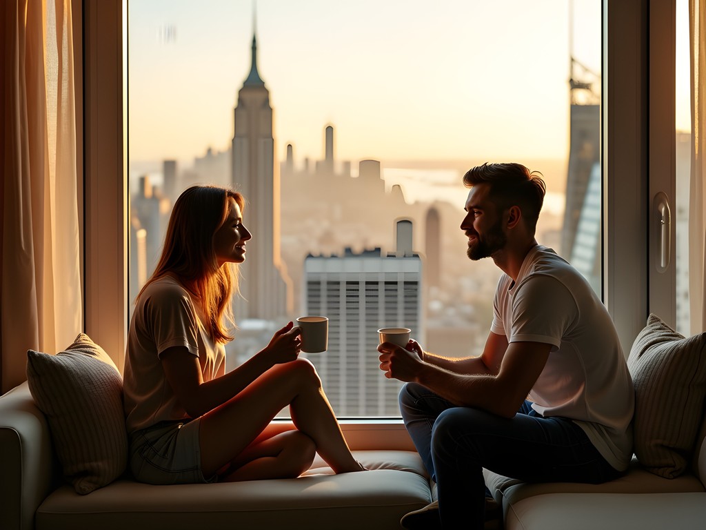 Couple enjoying morning coffee with Manhattan skyline view from luxury apartment