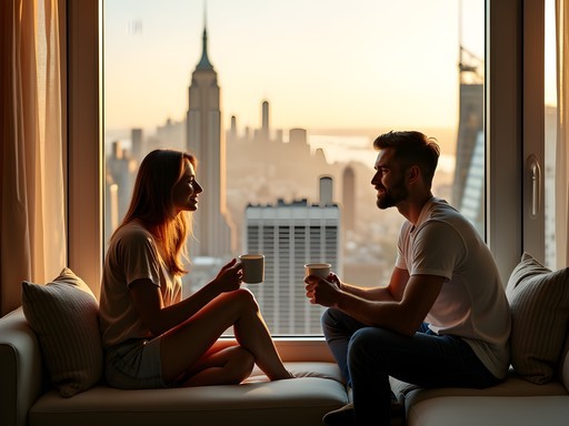 Couple enjoying morning coffee with Manhattan skyline view from luxury apartment