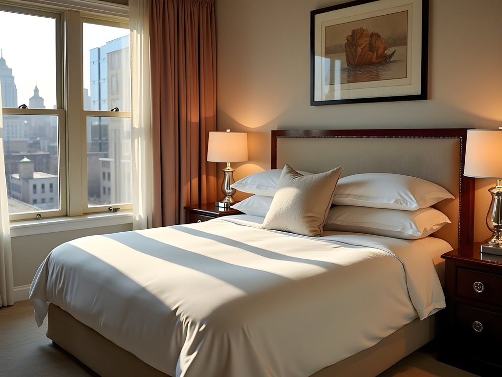 Luxurious hotel bedroom in morning light with premium bedding and city views