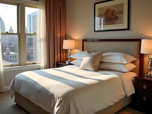 Luxurious hotel bedroom in morning light with premium bedding and city views