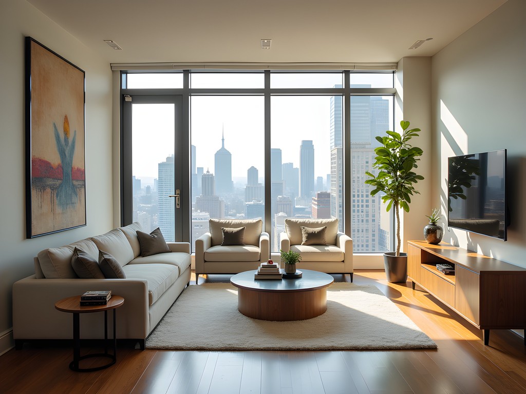 Spacious luxury apartment living room in NYC with city views